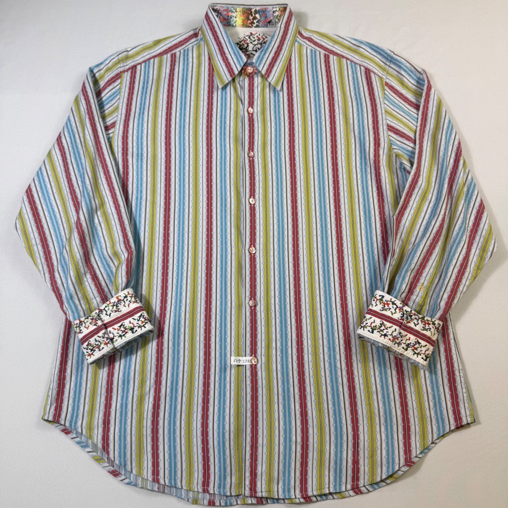 Robert Graham Shirt Mens XL Multicolor Striped Flip Cuff Long Sleeve Silk Trim